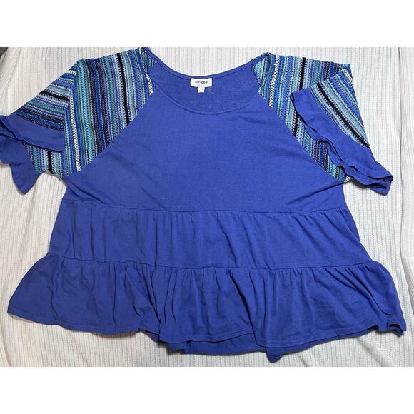 Umgee L Blue Flowy Peplum Striped Crochet Sleeve GUC Boho - Picture 2 of 9